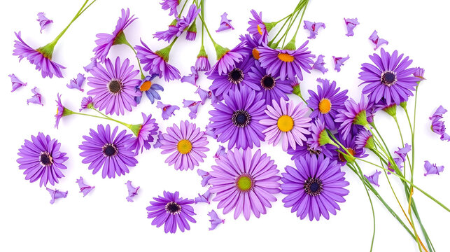 Purple flowers on white background. The white background filled with purple flowers scattered. Purple daisies spread out on white background. Fresh beautifulness  purple flowers and space for text.