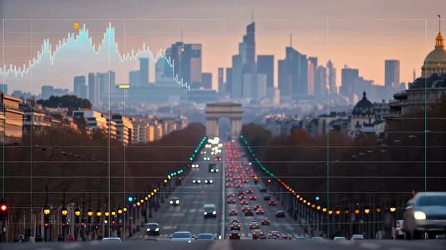 Economic recession indicators and gdp decline graph overlay busy city street with cars, skyscrapers sunset, highlighting urban downturn and financial