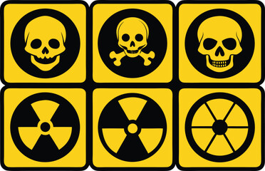 Radiation sign, biohazard sign and toxic sign set vector . Set of hazard danger yellow and black vector signs symbol. Danger, warning icon set. Silhouette and outline style. Vector illustration.