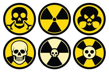 Radiation sign, biohazard sign and toxic sign set vector . Set of hazard danger yellow and black vector signs symbol. Danger, warning icon set. Silhouette and outline style. Vector illustration.