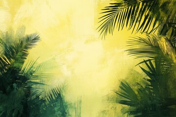 Naklejka premium Lush green tropical leaves against vibrant yellow background