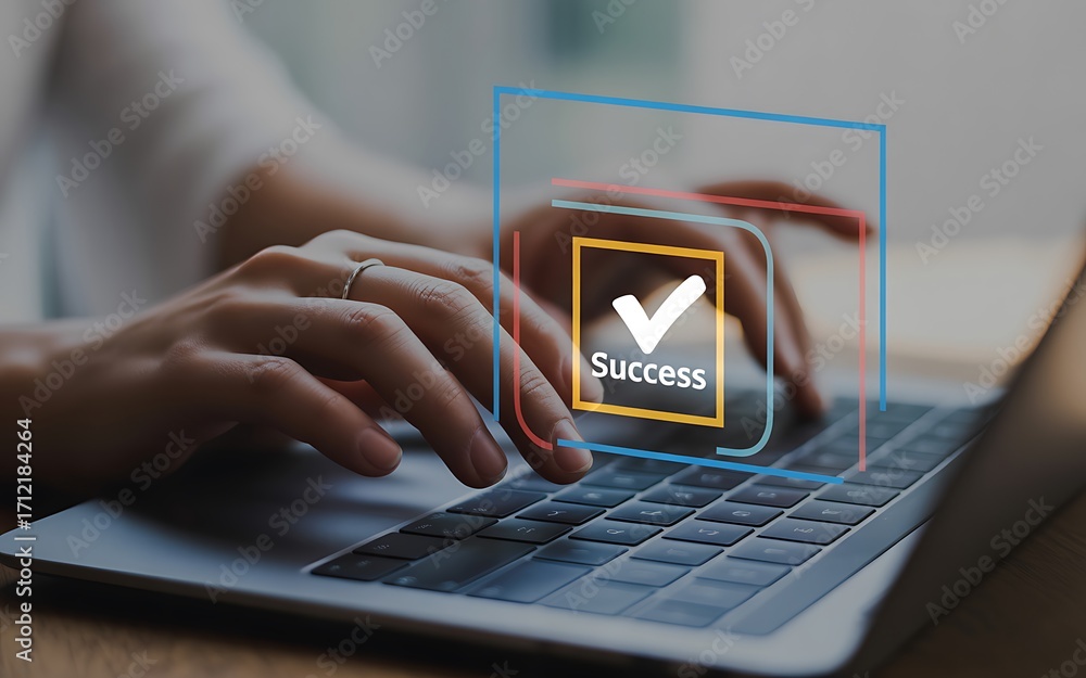Poster concept of digital validation and successful task completion. hands on a laptop with a glowing check