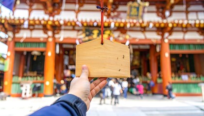 Hand holding a wooden prayer tablet in front of a Japanese temple