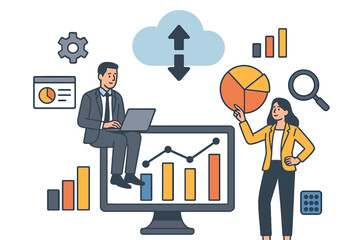 Modern vector flat illustration of digital data analysis, cloud computing, business intelligence, analytics charts, professional teamwork, data visualization concepts, computer technology