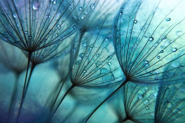 Close-up of teal dandelion seed heads with water droplets