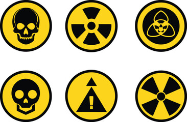 Radiation sign, biohazard sign and toxic sign set vector . Set of hazard danger yellow and black vector signs symbol. Danger, warning icon set. Silhouette and outline style. Vector illustration.