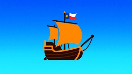 Columbus Day Majestic vintage sailing ship with vibrant orange sails glides across a clear, gradient blue sky, ready for adventure and exploration