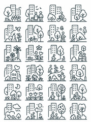 Set of sleek line icons showcasing integrated city living with nature, highlighting sustainable practices, community engagement, and a healthy urban environment