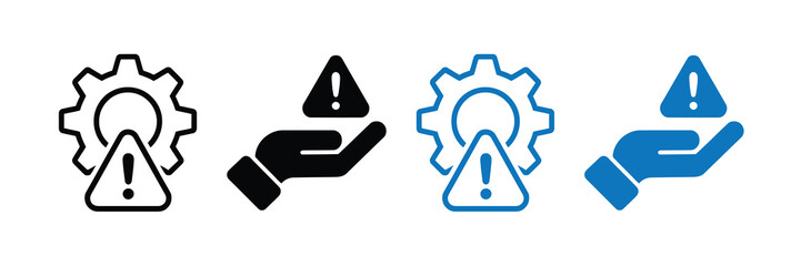 Set of four icons representing a gear with a warning sign and a hand holding a warning sign, in black and blue, isolated on white background © Mahir