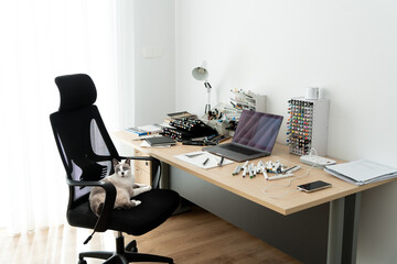 Modern home workspace for creative freelancing. Desk is filled with markers, papers, laptop. Daily tools of illustrators and artists. Ergonomic chair sits in front of desk occupied by a cat