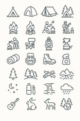 Outline Icons of Camping, Nature, and Outdoor Activities