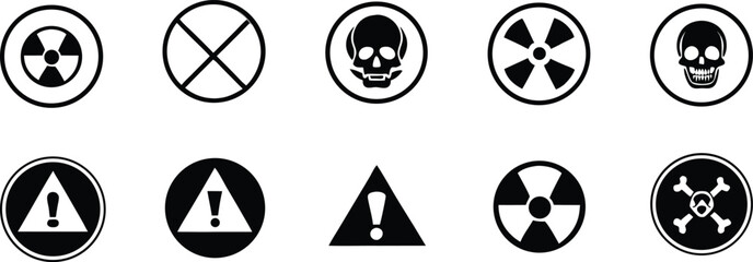 Radiation sign, biohazard sign and toxic sign set vector . Set of hazard danger yellow and black vector signs symbol. Danger, warning icon set. Silhouette and outline style. Vector illustration.