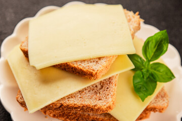 Sandwich cheese tasty snack fresh delicious gourmet food background on the table rustic top view copy space