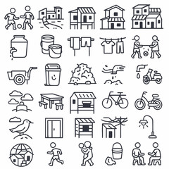 Fototapeta premium Community Life Scenes Line Art Depictions of Daily Activities and Environment
