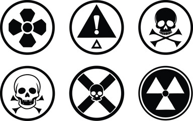 Radiation sign, biohazard sign and toxic sign set vector . Set of hazard danger yellow and black vector signs symbol. Danger, warning icon set. Silhouette and outline style. Vector illustration.