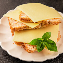 Sandwich cheese tasty snack fresh delicious gourmet food background on the table rustic top view copy space