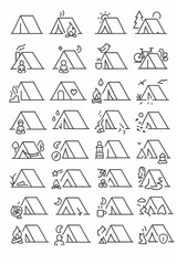 A diverse collection of minimalist line art camping tent icons, depicting various outdoor activities, natural settings, and recreational elements for travel and adventure designs