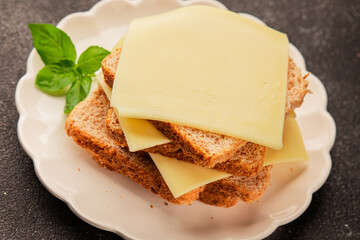 Sandwich cheese tasty snack fresh delicious gourmet food background on the table rustic top view copy space