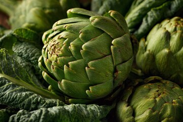 Obraz premium Fresh green artichokes surrounded by leafy greens in a vibrant display of farm produce