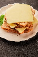 Sandwich cheese tasty snack fresh delicious gourmet food background on the table rustic top view copy space