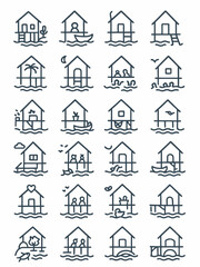 Fototapeta premium Stilt house and overwater bungalow icon set. Vector line art collection of seaside huts on piles for travel and vacation themes