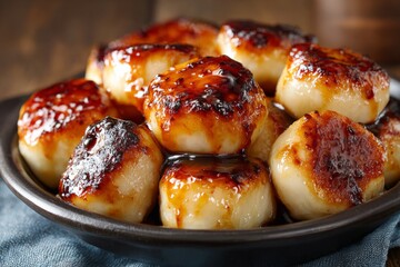 Deliciously caramelized dumplings served on a black plate with a blue cloth underneath
