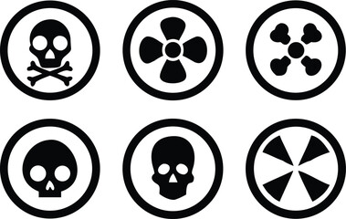 Radiation sign, biohazard sign and toxic sign set vector . Set of hazard danger yellow and black vector signs symbol. Danger, warning icon set. Silhouette and outline style. Vector illustration.