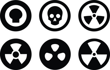 Radiation sign, biohazard sign and toxic sign set vector . Set of hazard danger yellow and black vector signs symbol. Danger, warning icon set. Silhouette and outline style. Vector illustration.