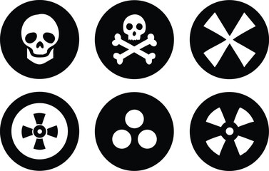 Radiation sign, biohazard sign and toxic sign set vector . Set of hazard danger yellow and black vector signs symbol. Danger, warning icon set. Silhouette and outline style. Vector illustration.