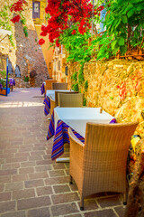 cafe with blue chairs, Crete, Greece