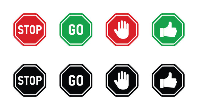 Collection of traffic signs including stop and go symbols in red, green, and black, with hand and thumb icons, isolated on white background