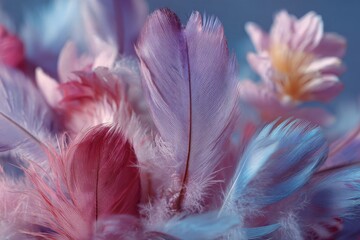 Colorful feathers and flowers create a delicate arrangement in pastel shades for decorative purposes during a spring celebration