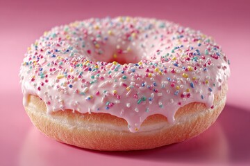 Colorful donut with pink icing and sprinkles displayed against a pastel background
