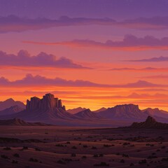 Naklejka premium Vertical desert sunset photo with glowing sky, mountains silhouetted, cactus foreground, soft light, serene atmosphere. 