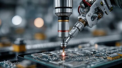 Close-up of Robotic Arm Soldering Microchips on Circuit Board in High-Tech Electronics Manufacturing Environment - Powered by Adobe