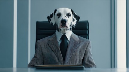 A whimsical image of a dog in a business suit, sitting at a desk, blending corporate culture with playful creativity.