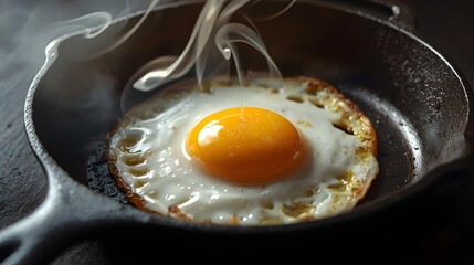 Hot Fried Egg in Cast Iron Skillet
