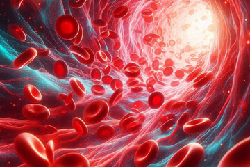 Red blood cells in an artery or blood vessel , flow inside body, medical human health-care. 3D Rendering. Blood cells in motion within an artery, showcasing scientific research, cardiovascular health
