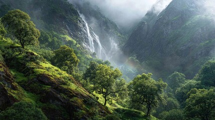 Obraz premium Powerful Waterfall in Lush Forest with Morning Mist Rainbow, Sunlight & Sharp Details