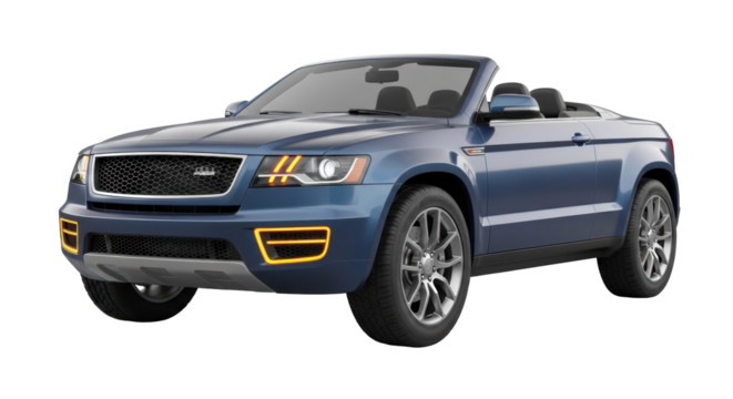 Isolated luxurious blue convertible sport utility vehicle with custom front lighting design