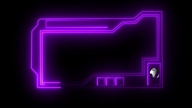 Futuristic Neon Purple Digital Interface Frame with Earth Globe on Black Background abstract border