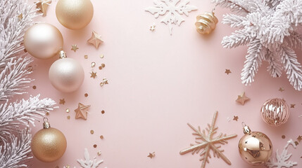 Fototapeta premium New Year's wishes! Chic Christmas tree decorations, gold ornaments, sparkling stars, snowflakes, and sequins on a soft pastel background. Space for text.