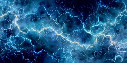 Electric blue lightning strikes and fractal patterns on a dark cloudy sky, concept for energy solutions, digital art background and futuristic technology