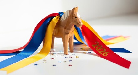 A small, wooden horse figurine with long, colorful ribbons in red, yellow, and blue streaming from its mane, with the number "2026" written in gold on one of the ribbons
