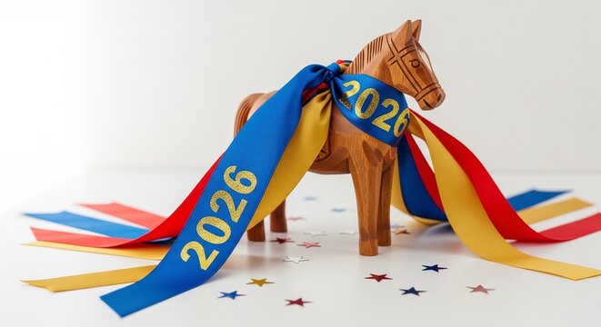 A small, wooden horse figurine with long, colorful ribbons in red, yellow, and blue streaming from its mane, with the number "2026" written in gold on one of the ribbons - Powered by Adobe