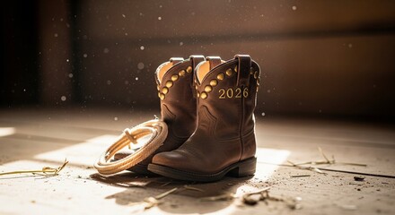 A realistic CGI rendering of a horse figurine standing in a barn with a neon-light sign of "2026" on the back wall under a starry sky.