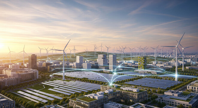 A futuristic smart city powered by sustainable energy solutions.
This high-resolution image depicts a vision of a modern, sustainable city. The cityscape is a blend of sleek
