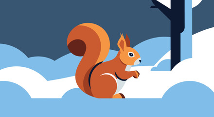 Obraz premium Cute squirrel in winter scene with fluffy tail and alert eyes.