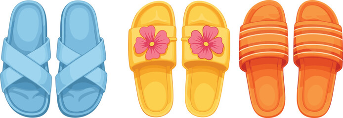 Summer sandals illustration, colorful beach slippers vector, casual footwear design, flip flop style, fashion slides, tropical shoes, comfortable holiday wear