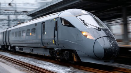 Naklejka premium High speed train glides through snowy landscape near urban station during the winter afternoon